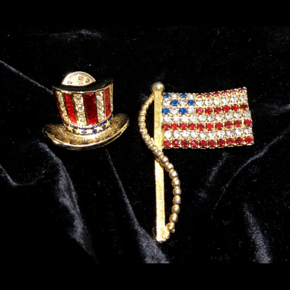Patriotic Rhinestone Flag & Uncle Sam Hat Pin Set